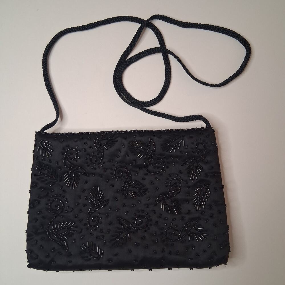 Nytlites Vintage Black Beaded Evening Clutch Bag Shoulder Strap Snap Closure 9x6